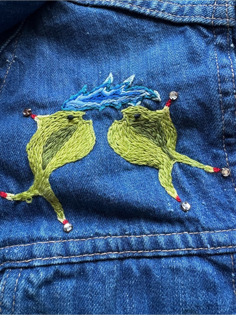 Embroidered Upcycled Dark Blue Denim Jacket w Snap Closure - Unique Handmade - Picture 11 of 14